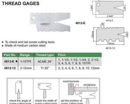 INSIZE Measuring Equipment Insize Thread Angle Gauge 1-10TPI Range Series 4812-E