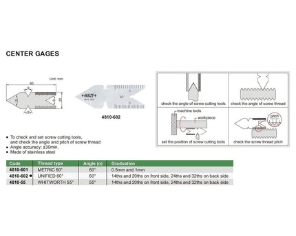 INSIZE Measuring Equipment Insize Thread Angle Gauge Unified 60° Range Series 4810-602