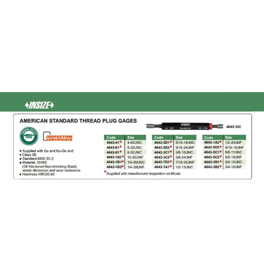 INSIZE Measuring Equipment Insize Thread Plug Gage 1/2-13 UNC Class 2B Series 4643-1A1