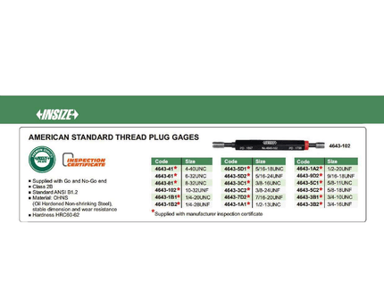 INSIZE Measuring Equipment Insize Thread Plug Gage 3/8-16 UNC Class 2B Series 4643-3C1
