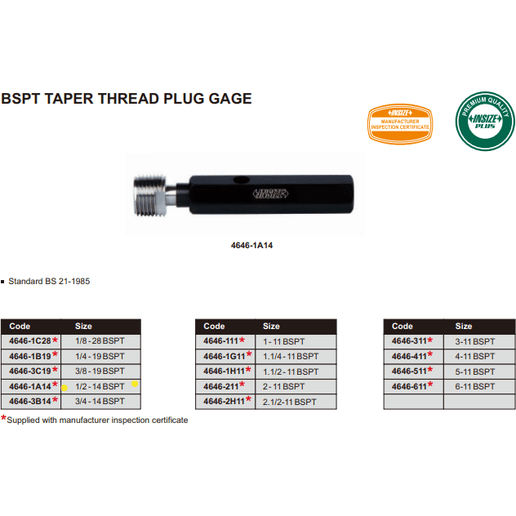 INSIZE MEASURING EQUIPMENT Insize Thread Plug Gauge 1/2"-14 BPST Series - 4646-1A14