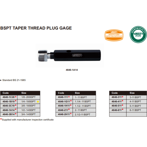 INSIZE Measuring Equipment Insize Thread Plug Gauge 1/4"-19 BPST Series - 4646-1B19