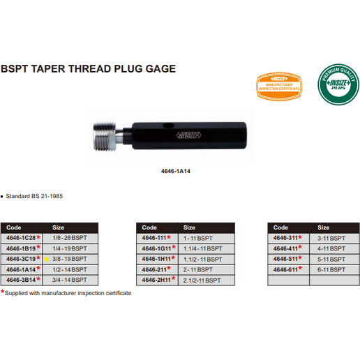 INSIZE Measuring Equipment Insize Thread Plug Gauge 3/8"-19 BPST Series - 4646-3C19