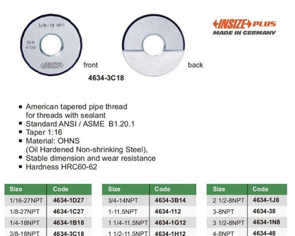 INSIZE Measuring Equipment Insize Thread Ring Gauge 3/8" NPT Range Series 4634-3C18