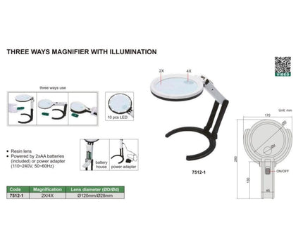 INSIZE MEASURING EQUIPMENT Insize Three-Way Magnifier with Illumination 2X/4X Series 7512-1