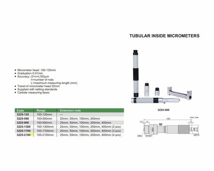 INSIZE Measuring Equipment Insize Tubular Inside Micrometer 100-2100mm Range Series 3225-2100