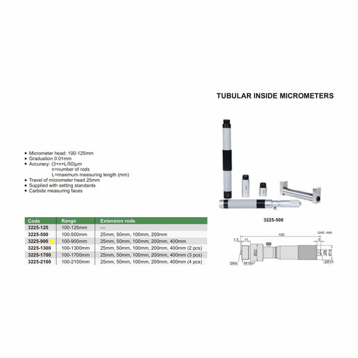 INSIZE Measuring Equipment Insize Tubular Inside Micrometer 100-900mm Range Series 3225-900