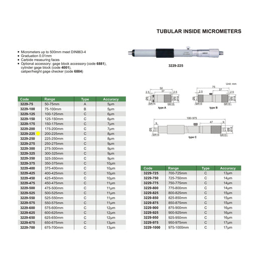 INSIZE Measuring Equipment Insize Tubular Inside Micrometer 200-225mm Range Series 3229-225
