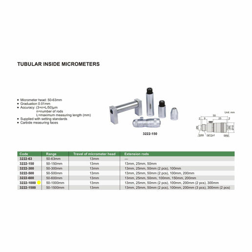 INSIZE Measuring Equipment Insize Tubular Inside Micrometer 50-1000mm Range Series 3222-1000