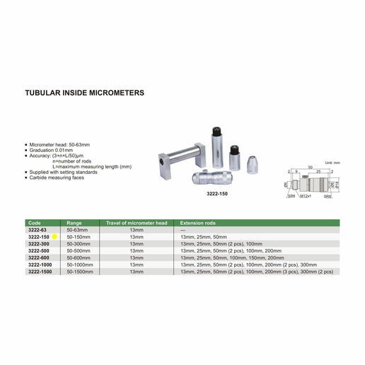 INSIZE Measuring Equipment Insize Tubular Inside Micrometer 50-150mm Range Series 3222-150