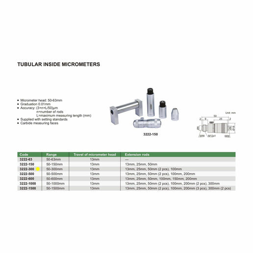 INSIZE Measuring Equipment Insize Tubular Inside Micrometer 50-300mm Range Series 3222-300