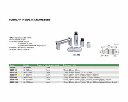 INSIZE Measuring Equipment Insize Tubular Inside Micrometer 50-500mm Range Series 3222-500
