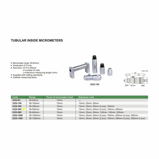 INSIZE Measuring Equipment Insize Tubular Inside Micrometer 50-500mm Range Series 3222-500
