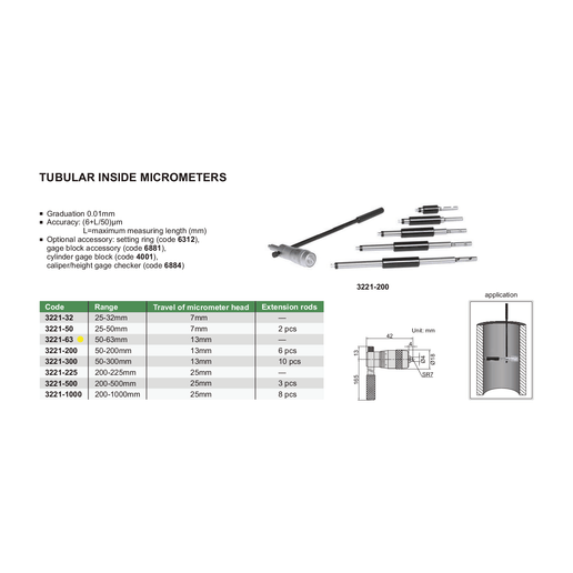 INSIZE Measuring Equipment Insize Tubular Inside Micrometer 50-63mm Range Series 3221-63