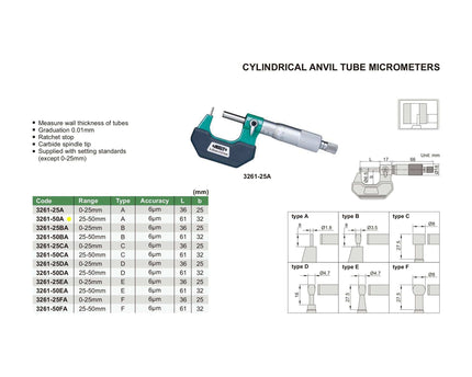 INSIZE Measuring Equipment Insize Type A Cylindrical Anvil Tube Micrometer 25-50mm Range Series 3261-50A