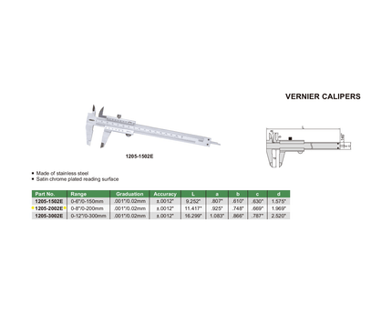 INSIZE Measuring Equipment Insize Vernier Caliper 0-200mm/0-8" Range Series 1205-2002E