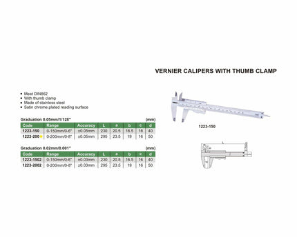 INSIZE Measuring Equipment Insize Vernier Caliper 0-200mm/0-8" Range Series 1223-200