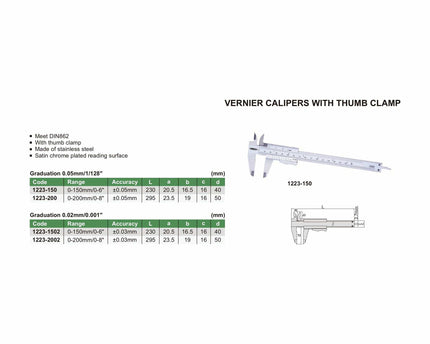 INSIZE Measuring Equipment Insize Vernier Caliper 0-200mm/0-8" x 0.02mm Range Series 1223-2002