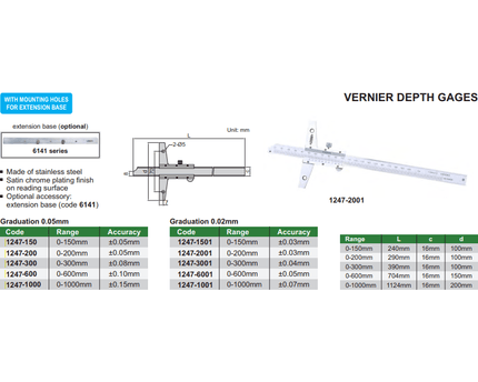 INSIZE Measuring Equipment Insize Vernier Depth Gauge 0-1000mm Range Series 1247-1001