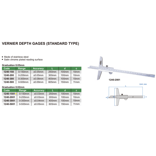 INSIZE Measuring Equipment Insize Vernier Depth Gauge 0-150mm Range Series 1240-1501