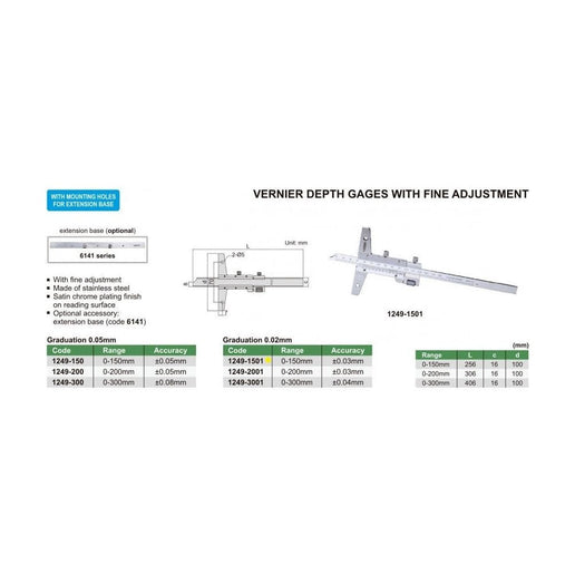 INSIZE Measuring Equipment Insize Vernier Depth Gauge 0-150mm Range Series 1249-1501