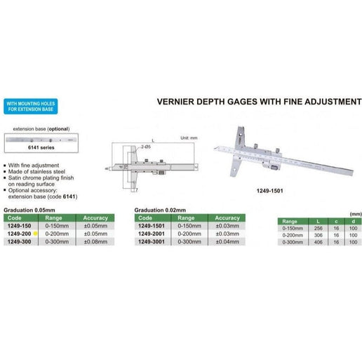 INSIZE Measuring Equipment Insize Vernier Depth Gauge 0-200mm Range Series 1249-200