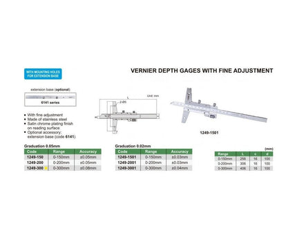 INSIZE Measuring Equipment Insize Vernier Depth Gauge 0-300mm Range Series 1249-300
