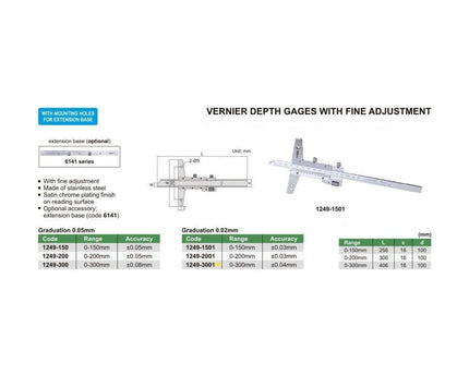 INSIZE Measuring Equipment Insize Vernier Depth Gauge 0-300mm Range Series 1249-3001