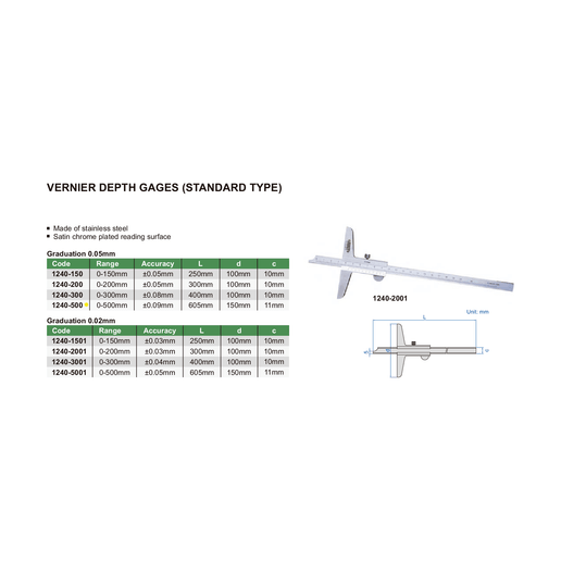 INSIZE Measuring Equipment Insize Vernier Depth Gauge 0-500mm Range Series 1240-500