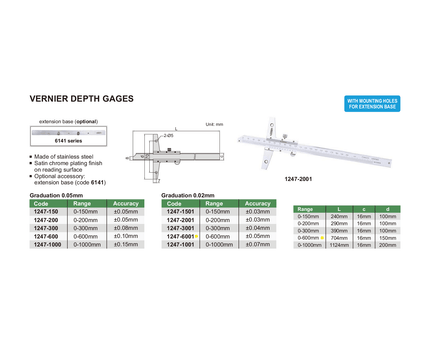 INSIZE Measuring Equipment Insize Vernier Depth Gauge 0-600mm Range Series 1247-6001