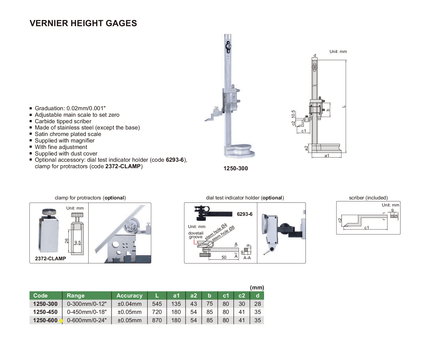 INSIZE Measuring Equipment Insize Vernier Height Gauge 0-600mm / 0-24" Range Series 1250-600