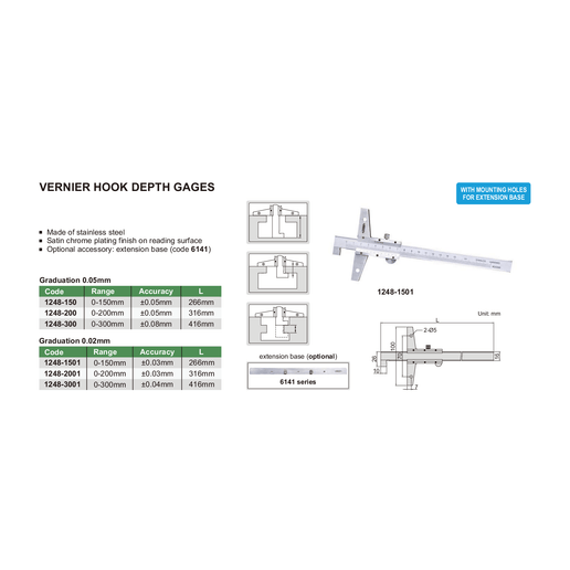 INSIZE Measuring Equipment Insize Vernier Hook Depth Gage 0–150 mm Series 1248-1501