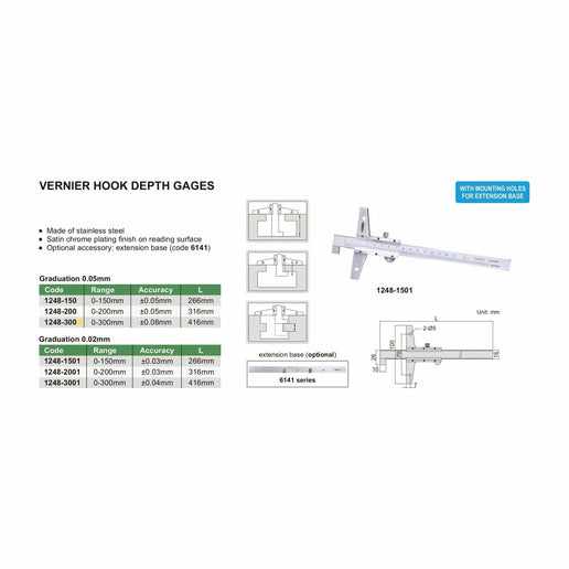 INSIZE Measuring Equipment Insize Vernier Hook Depth Gauge 0-300mm Range Series 1248-300