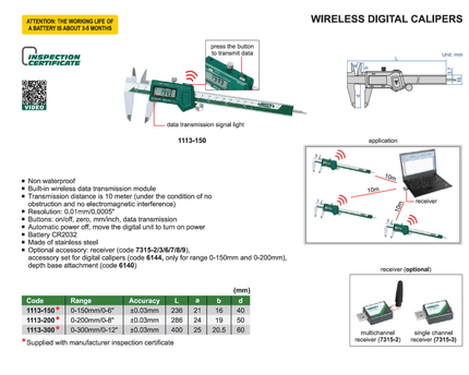INSIZE Measuring Equipment Insize Wireless Digital Caliper 0–150 mm / 0–6" Series 1113-150