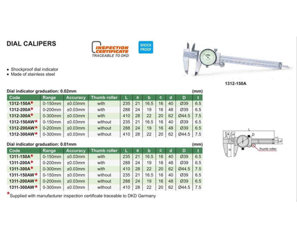 INSIZE Measuring Equipment INSIZE Metric Dial Caliper  0-200mm Range Series 1311-200A