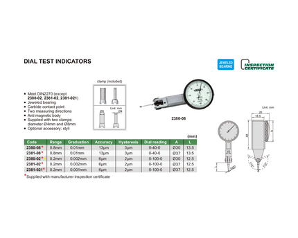 INSIZE Measuring Equipment Insize Metric Dial Indicator 0.2 mm Range Series 2380-02