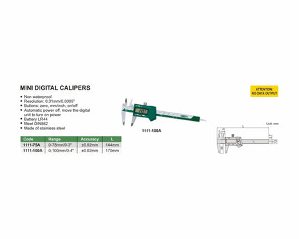 INSIZE Measuring Equipment Insize Mini Digital Caliper 0-75mm/0-3" Range Series 1111-75A