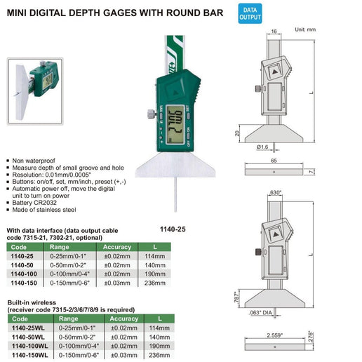 INSIZE Measuring Equipment Insize Mini Digital Depth Gauge W/ Round Bar 140mm Range Series 1140-50