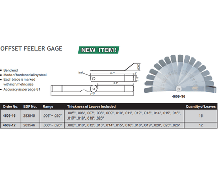 INSIZE Measuring Equipment Insize Offset Feeler Gauge 0.005-0.02" Range Series 4609-16