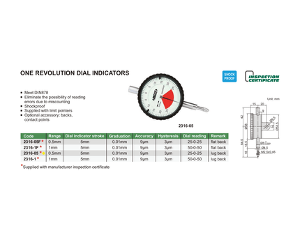 INSIZE Measuring Equipment Insize One Revolution Dial Indicator 0.5mm Range Series 2316-05