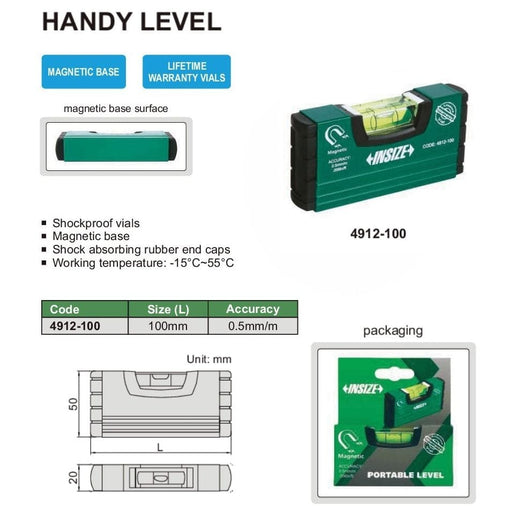 INSIZE MEASURING EQUIPMENT Insize Portable Level 100mm/ 4" Range Series 4912-100