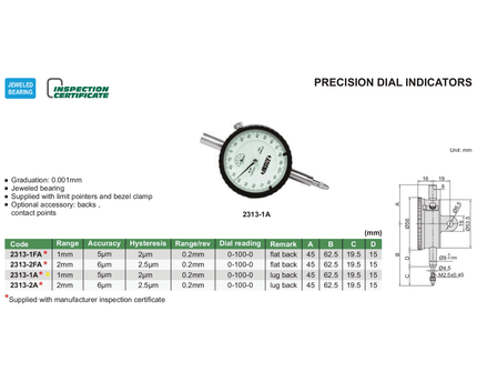 INSIZE Measuring Equipment Insize Precision Dial Indicator 1mm Range Series 2313-1A