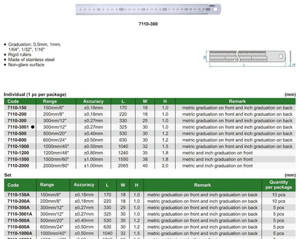INSIZE Measuring Equipment Insize Stainless Steel Ruler 300mm/12" Range Series 7110-3001