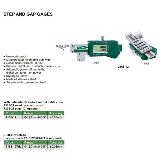 INSIZE Measuring Equipment Insize Step & Gap Gauge 0-12.7mm/0-0.0.5" Range Series 2168-12