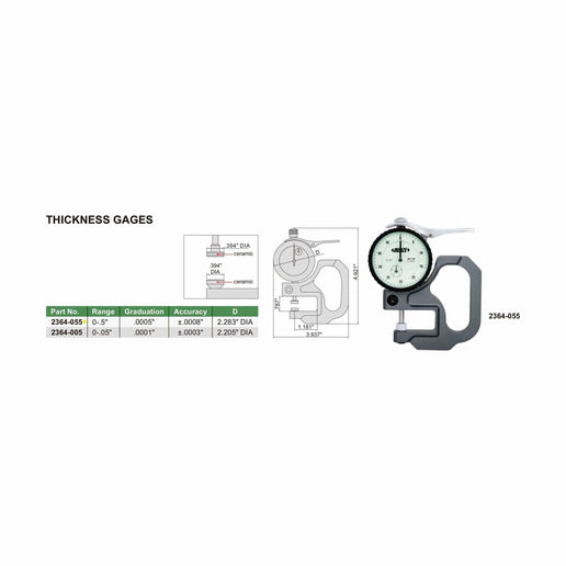 INSIZE Measuring Equipment Insize Thickness Gauge 0-0.5" x 0.0005" Range Series 2364-055