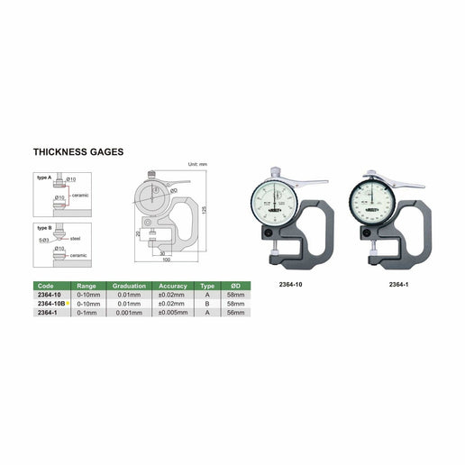 INSIZE Measuring Equipment Insize Thickness Gauge 0-10mm x 0.01mm Range Series 2364-10B