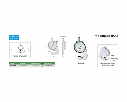 INSIZE Measuring Equipment Insize Thickness Gauge 0-10mm x 0.1mm Range Series 2361-10