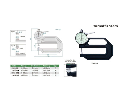 INSIZE Measuring Equipment Insize Thickness Gauge 0-20mm x 0.01mm Range Series 2365-20
