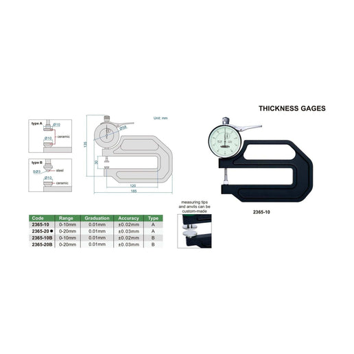 INSIZE Measuring Equipment Insize Thickness Gauge 0-20mm x 0.01mm Range Series 2365-20