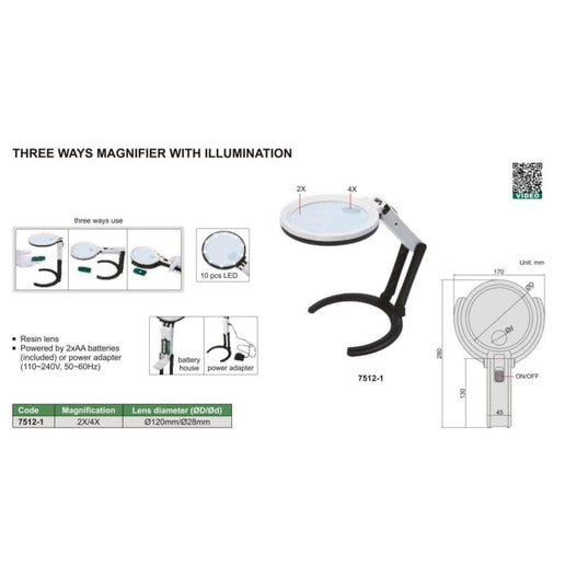 INSIZE MEASURING EQUIPMENT Insize Three-Way Magnifier with Illumination 2X/4X Series 7512-1